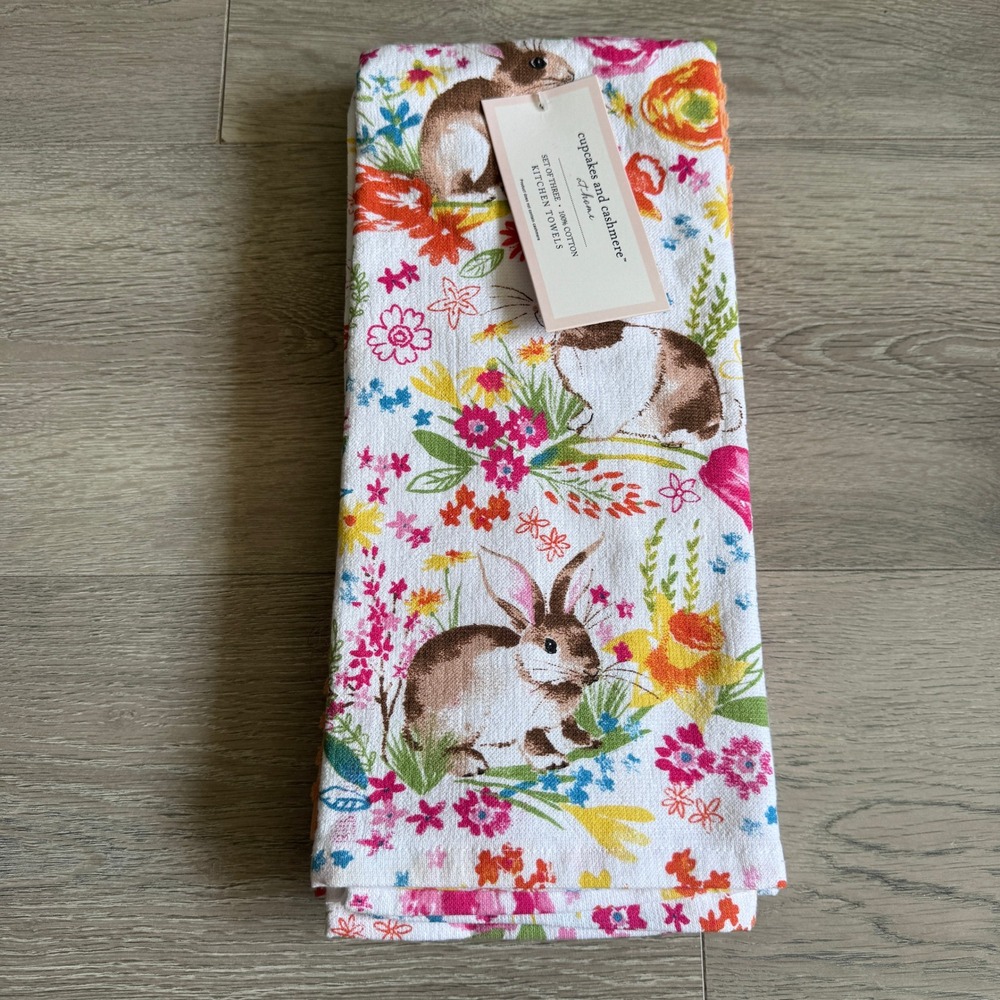 Cupcakes and Cashmere Bunny Wildflower Kitchen Towels Set of 3 Cotton Easter NWT